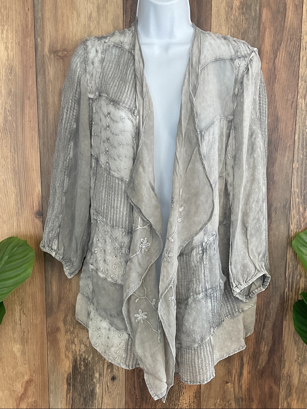 Young Threads Embroidered Washed Gray Open Front Cardigan XL   C257